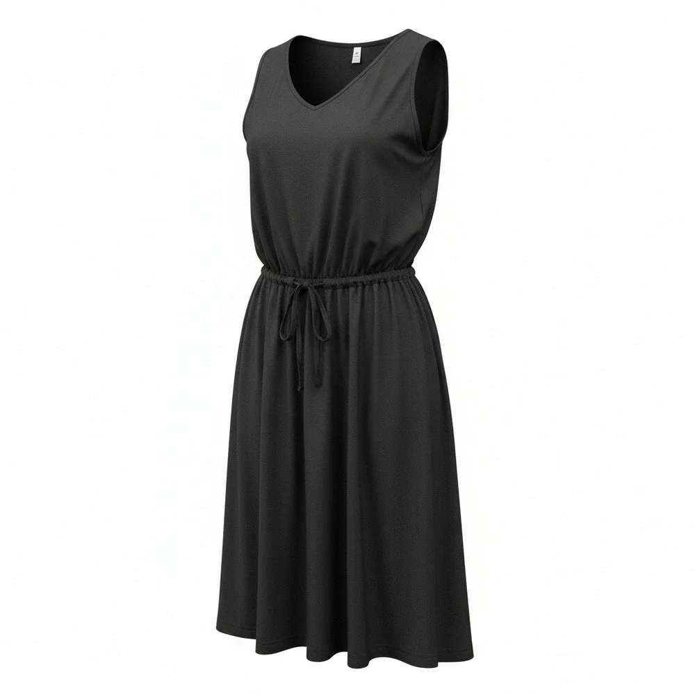 Black Sleeveless V-Neck Midi Dress with Drawstring Waist and Pockets XL - Picture 1 of 7
